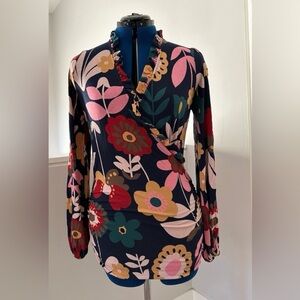 BODEN Frill Neck Faux Wrap Top with Ruched Sides US10